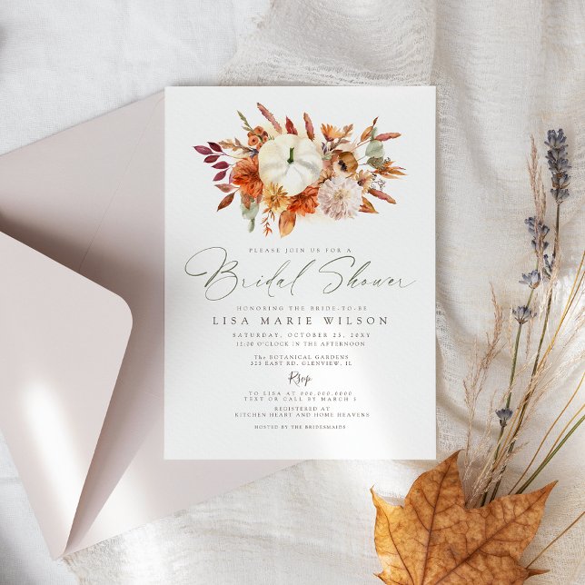 Convite Chá de panela de queda de abóboras brancas Elegant (Elegant White Pumpkins Fall Bridal Shower Invitation)