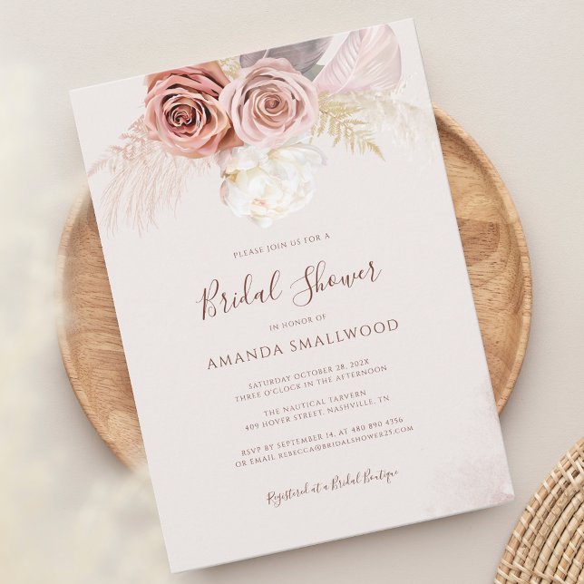 Convite Chá de panela de queda de Boho Grass Pampas (Pampas Grass Terracotta Script Bridal Shower Invitation)
