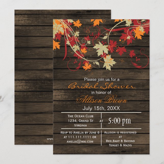 Convite Chá de panela de queda rústica de madeira de celei (Frente/Verso)