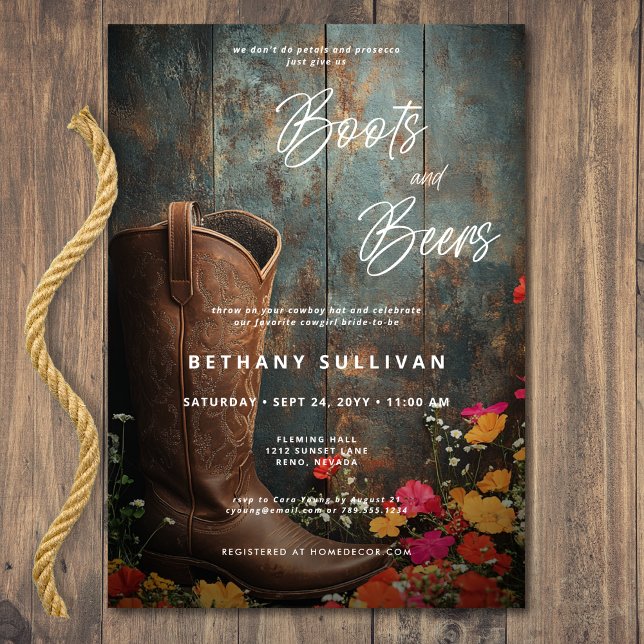 Convite Chá de panela de Raízes e Beers Russos Ocidentais (Western Rustic Boots & Beers Bridal Shower Invitation)