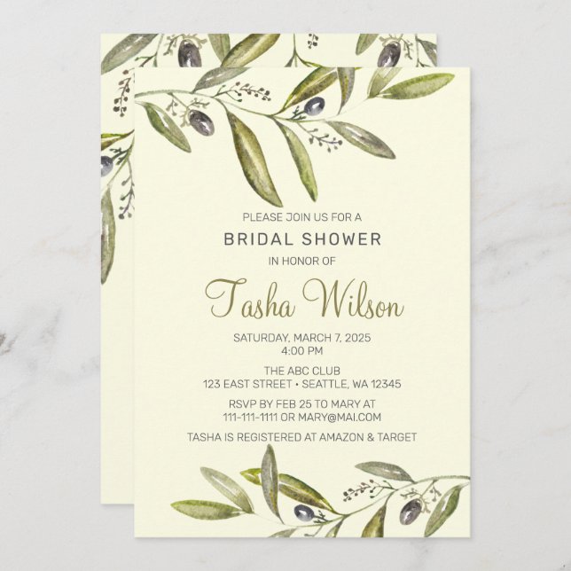 Convite Chá de panela de ramos de oliveiras (Frente/Verso)