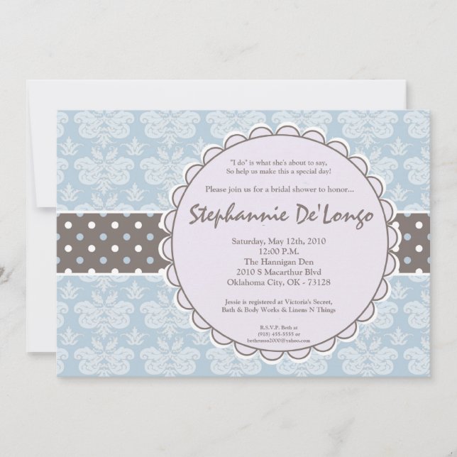 Convite chá de panela de rendas Azul Damask 5x7 (Frente)