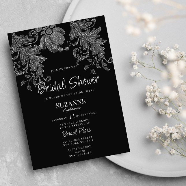 Convite Chá de panela de rendas florais brancas e pretas (Elegant black and white floral lace Bridal Shower)