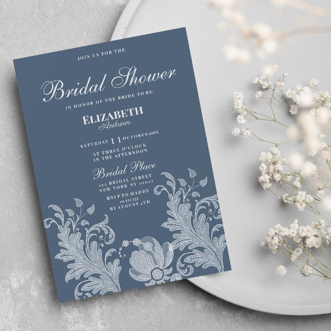 Convite Chá de panela de rendas florais branco azul-mave s (Simple mauve blue white floral lace Bridal Shower)