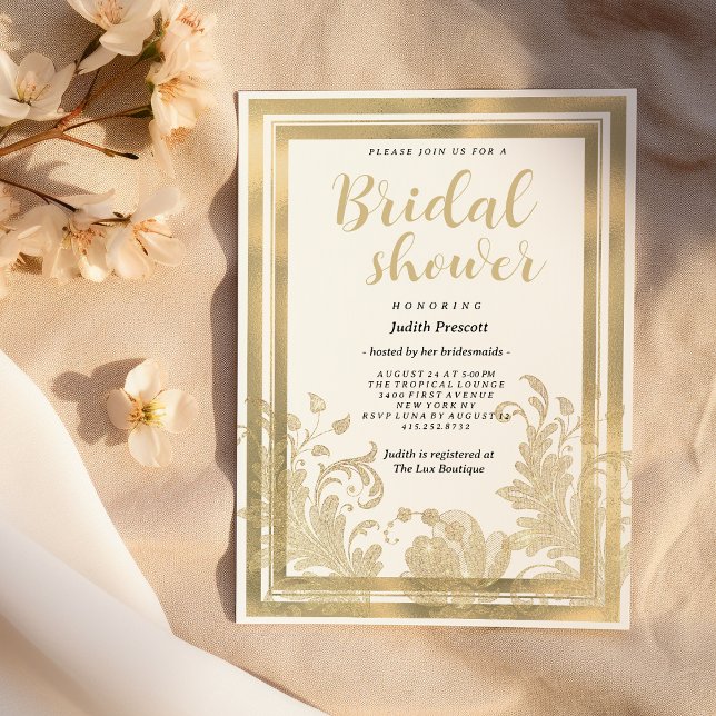 Convite Chá de panela de rendas florais de ouro branco-vit (Vintage white gold floral lace Bridal Shower)