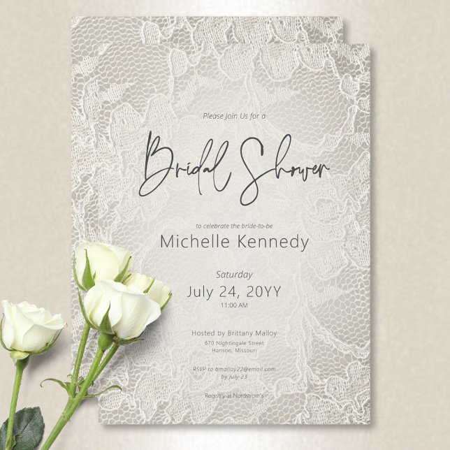 Convite Chá de panela de rendas moderna marfim (Modern Ivory Bridal Lace Bridal Shower Invitation)