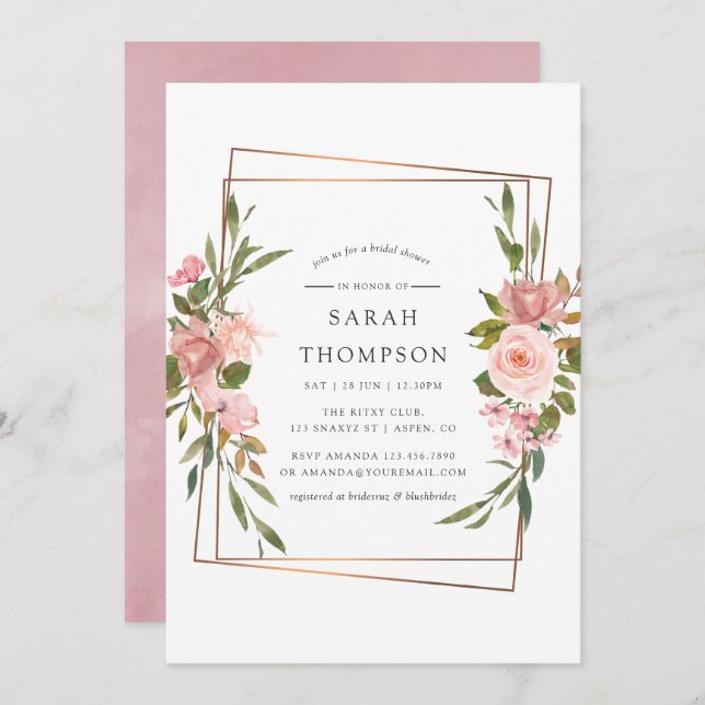 Convite Chá de panela de Rosa de Blush Geométrico Dourado  (Frente/Verso)