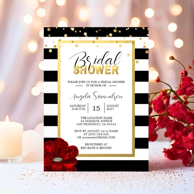 Convite Chá de panela de Rosa vermelha branco preto Dourad (Modern Gold Black White RED Rose Bridal Shower Invitation)