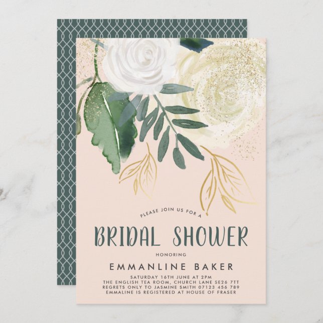 Convite Chá de panela de Rosas de Aquarela (Frente/Verso)