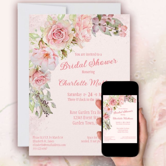 Convite Chá de panela de Rosas de Aquarela Rosa (Pink Watercolor Roses Bridal Shower Invitation
Delicate Pink Watercolor Roses )
