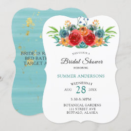 Convite Chá de panela de Rosas de Aquarela Vermelha Teal L