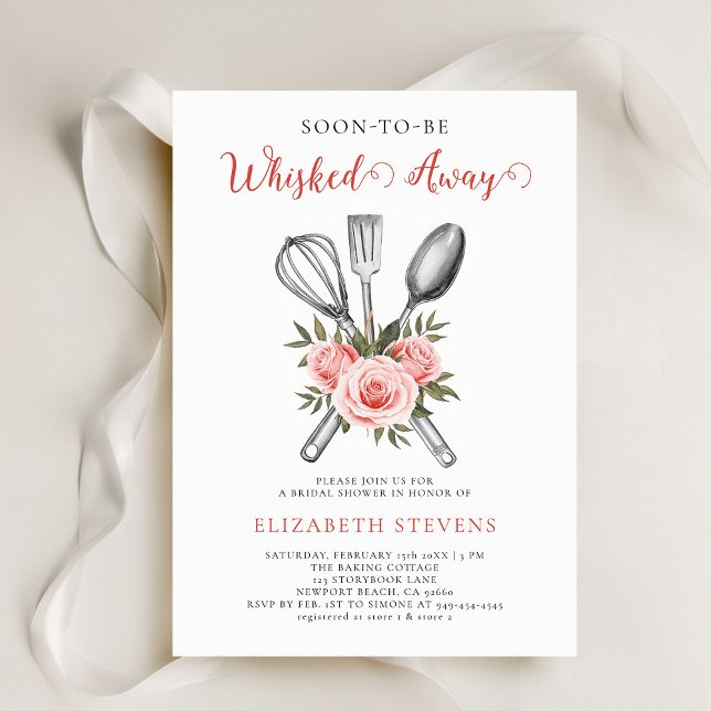 Convite Chá de panela De Rosas De Cozinhar De Banho Suspen (whisked away kitchen baking cooking bridal shower invitation tools bouquet roses watercolor pink)