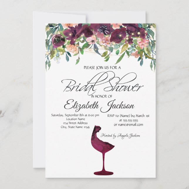 Convite Chá de panela de Rosas de vidro de vinho borgonha (Frente)