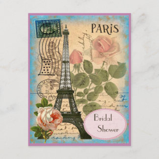 Convite Chá de panela de Rosas e torre Eiffel de pares