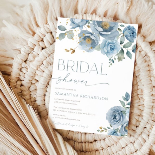 Convite Chá de panela de rosas florais elegante azul-poeir (Criador carregado)