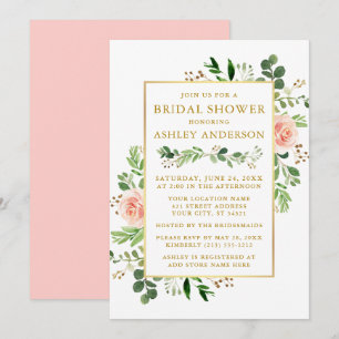 Convite Chá de panela de Rosas Rosa Cinza de Água Dourad