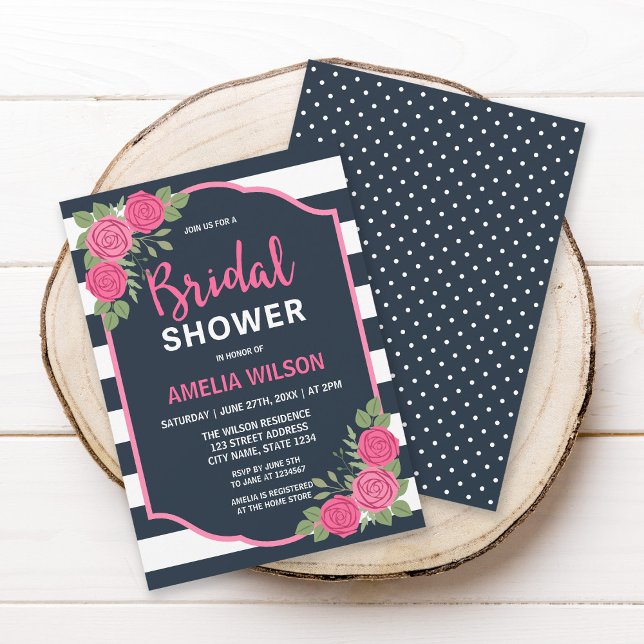 Convite Chá de panela de Rosas Rosa com Stripes Brancas Az (Criador carregado)