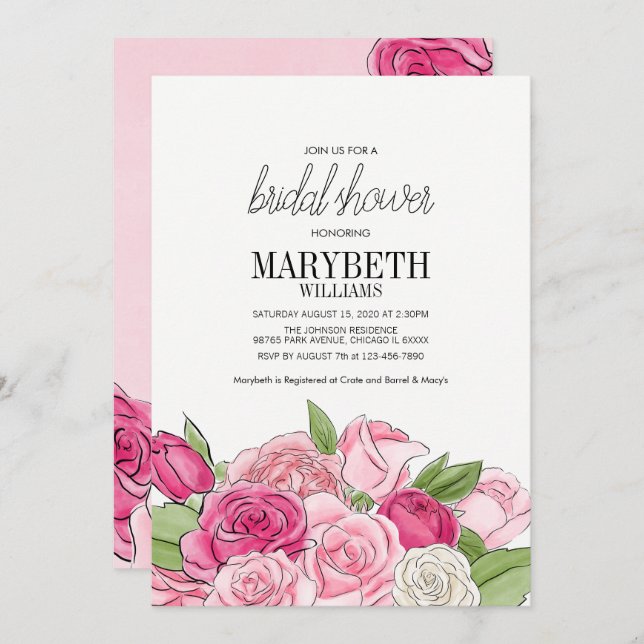 Convite Chá de panela de Rosas Rosa de Aquarela (Frente/Verso)