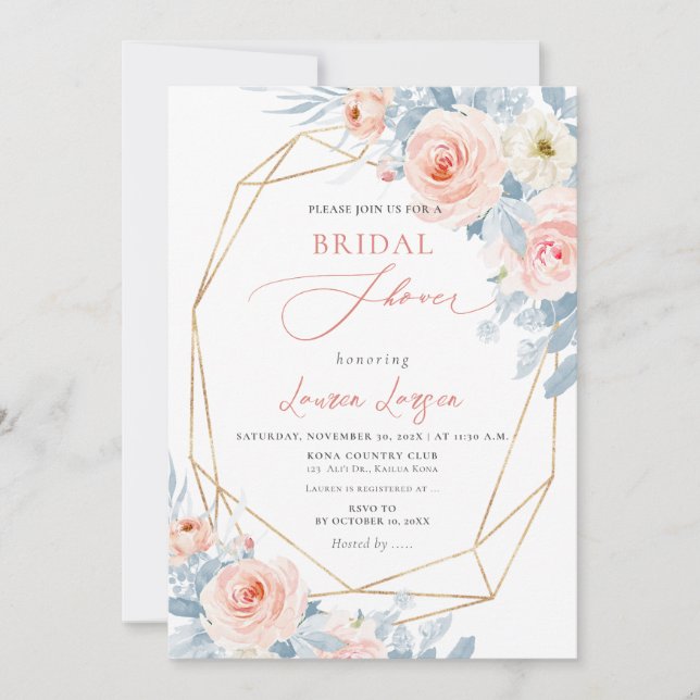 Convite Chá de panela de Rosas Rosa Rosa Blush do ArtsApp  (Frente)