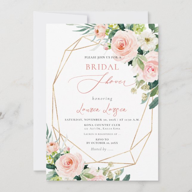 Convite Chá de panela de Rosas Rosa Rosa Blush do ArtsApp  (Frente)