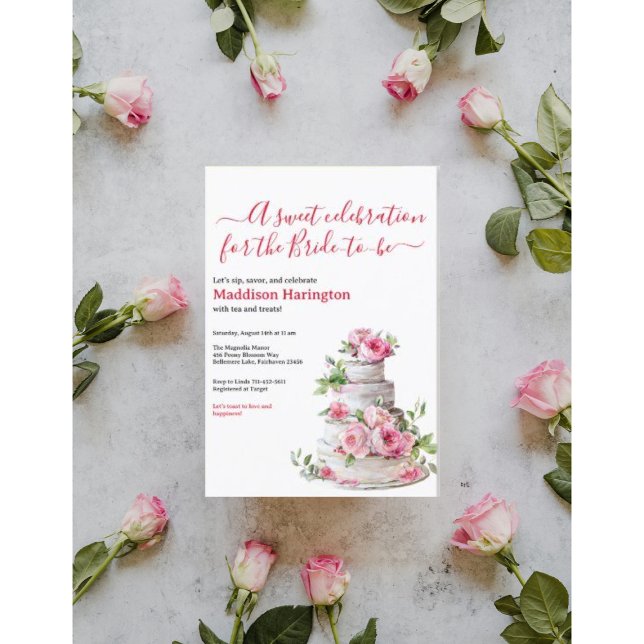 Convite Chá de panela de Rosas Rosa-Rosa-Niveladas de Bolo (Criador carregado)