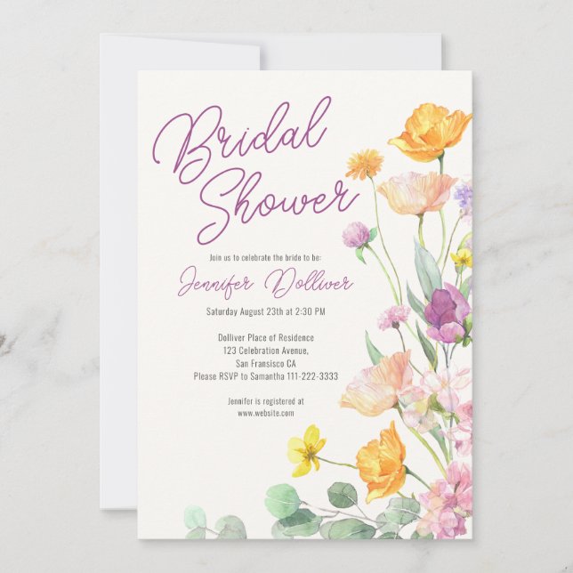 Convite Chá de panela de Script Chic Wildflower (Frente)