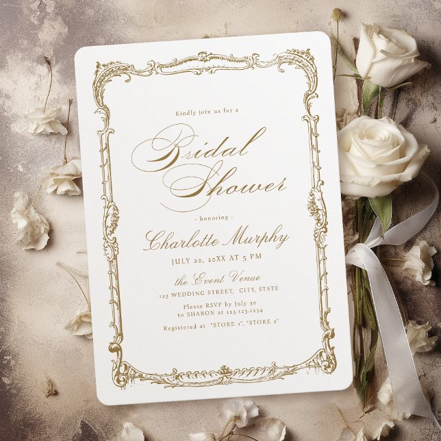 Convite Chá de panela de Script Clássico de Quadro de Vint (Gold Vintage Frame Classic Script Bridal Shower Invitation)
