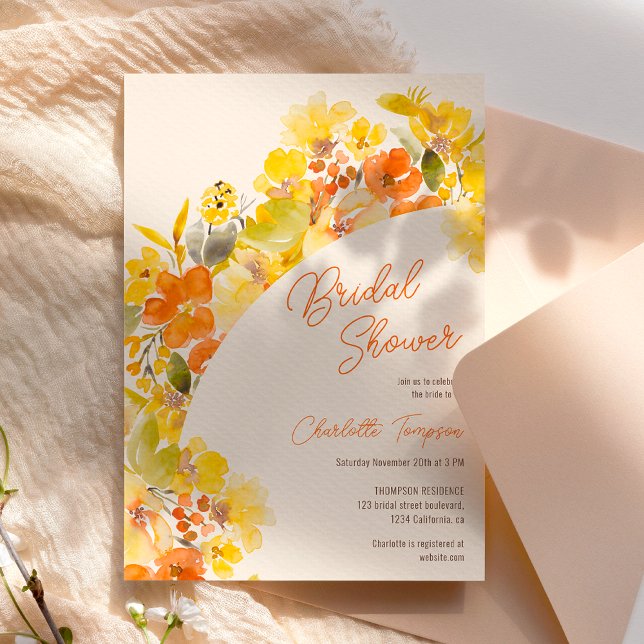 Convite Chá de panela de script de flores amarelas do boho (Fall boho yellow flowers script bridal shower invitation)