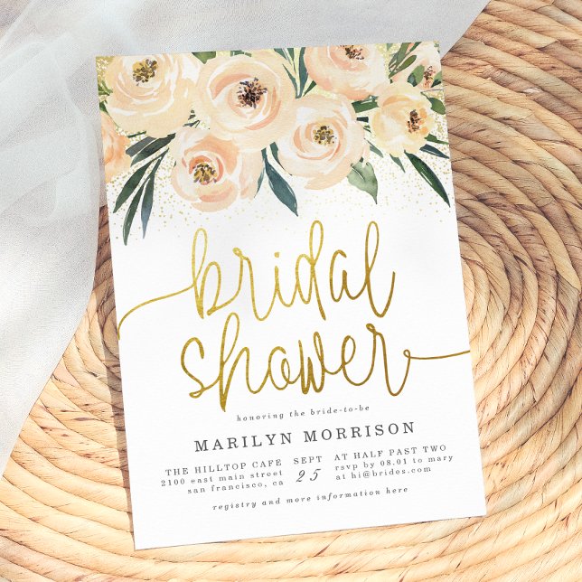 Convite Chá de panela de Script Dourado Cream & Blue Flowe (Criador carregado)