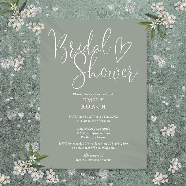Convite Chá de panela de Script Elegante Moderno Verde Sag (Sage Green Modern Elegant Script Bridal Shower Invitation)