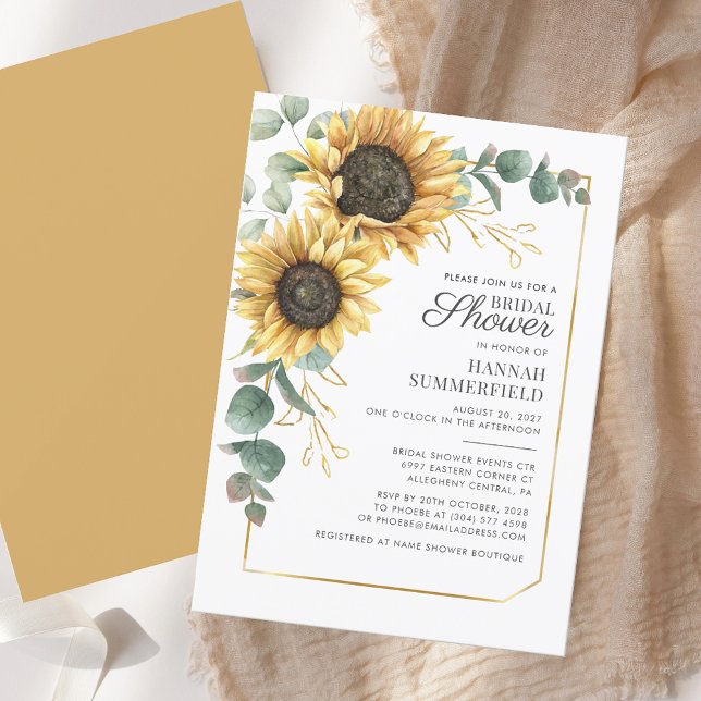 Convite Chá de panela de Script Eucalyptus Floral Sunflowe (Sunflower Floral Eucalyptus Script Bridal Shower Invitation)