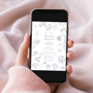 Convite Chá de panela de Script Floral Azul Vintage Dusty