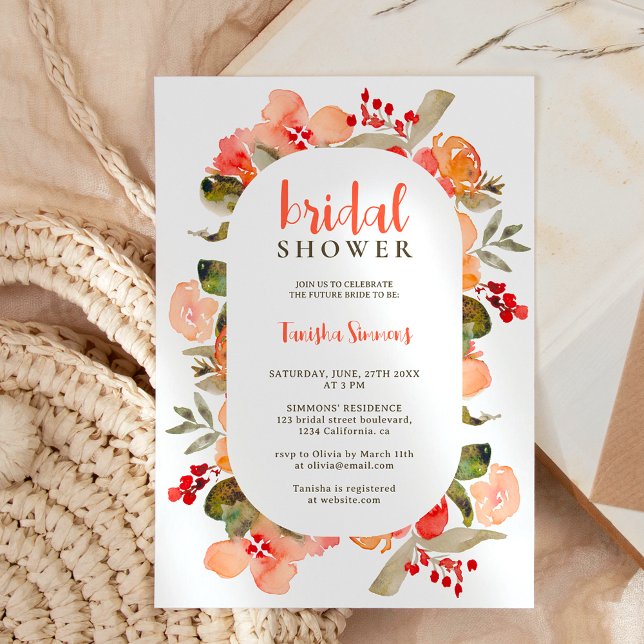 Convite Chá de panela de script floral Boho fall terracott (Boho fall terracotta floral script bridal shower invitation)