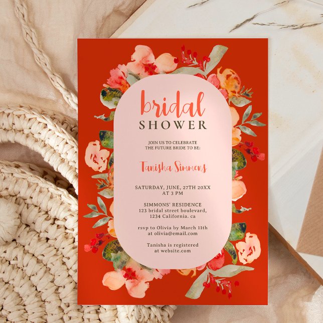 Convite Chá de panela de script floral Boho fall terracott (Boho fall terracotta floral script bridal shower invitation)