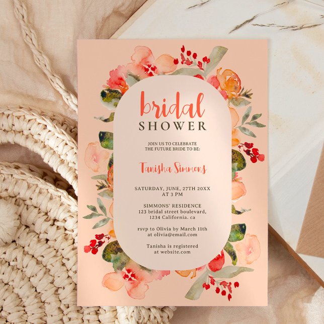 Convite Chá de panela de script floral Boho fall terracott (Boho fall terracotta floral script bridal shower invitation on pastel pink)