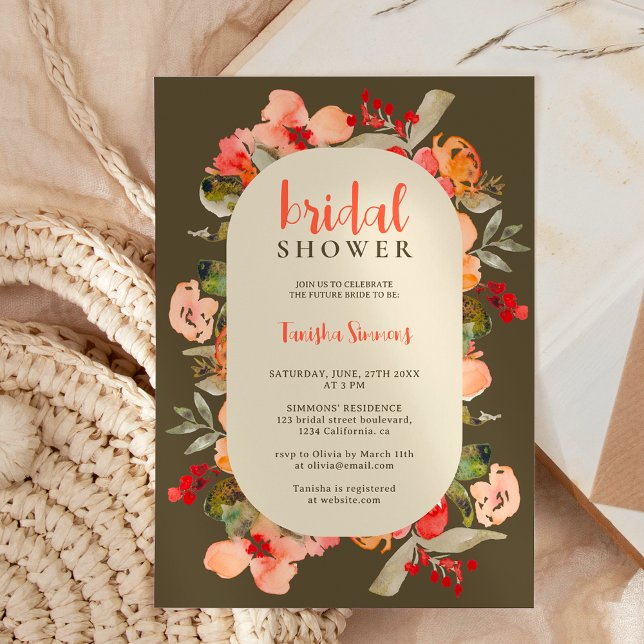 Convite Chá de panela de script floral Boho fall terracott (Boho fall terracotta floral script bridal shower invitation)