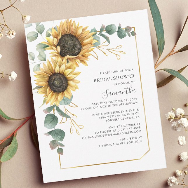Convite Chá de panela de Script Floral de Girassol (Floral Sunflower Eucalyptus Script Bridal Shower Invitation)