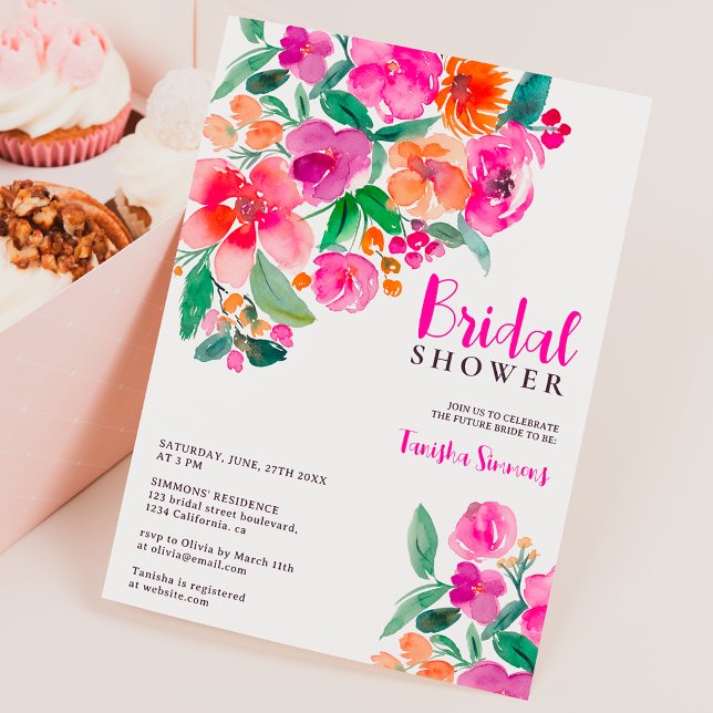 Convite Chá de panela de script floral de queda rosa-quent (Bright hot pink fall floral script bridal shower invitation)