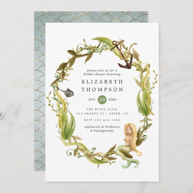 Convite Chá de panela de Sereia de Algas Marinhas Aquática (Frente/Verso)