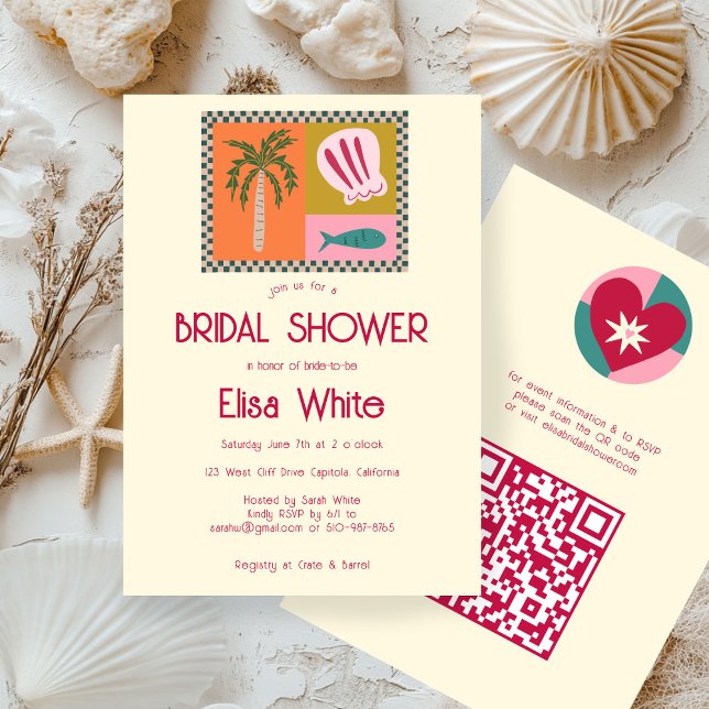 Convite Chá de panela de Soiree Moderno Caudal QR (Seaside Soiree Bridal Shower Modern Cute CUSTOM QR code Invitation
)