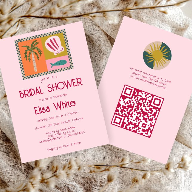 Convite Chá de panela de Soiree Moderno Caudal QR (Seaside Soiree Bridal Shower Modern Cute CUSTOM QR Tropical beach Invitation
)