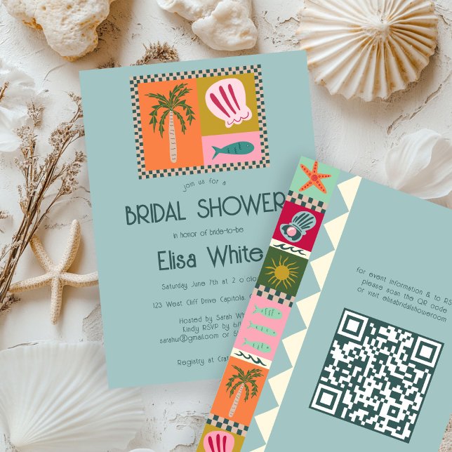 Convite Chá de panela de Soiree Moderno Caudal QR (Seaside Soiree Bridal Shower Modern Cute CUSTOM QR Party Invitation
)