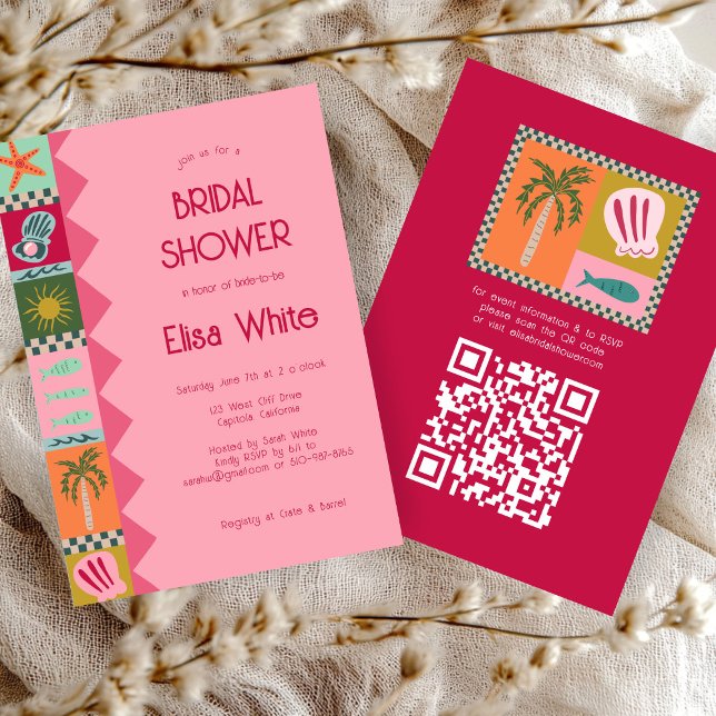 Convite Chá de panela de Soiree Moderno Caudal QR (Seaside Soiree Bridal Shower Modern Cute CUSTOM QR Invitation
)
