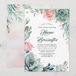 Convite Chá de panela de Suculentos Verde e Rosa Rosa