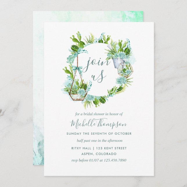 Convite Chá de panela de Sucultura do Terrário de Vidro Aq (Frente/Verso)