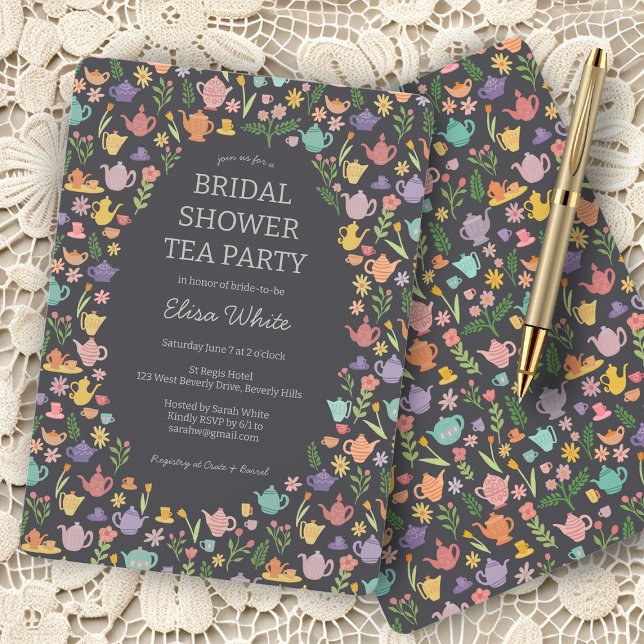 Convite Chá de panela de Tea Party Cólito Causado (Tea Party Bridal Shower Cute Colorful CUSTOM Invitation
teacups teapots easter floral sweet high tea)