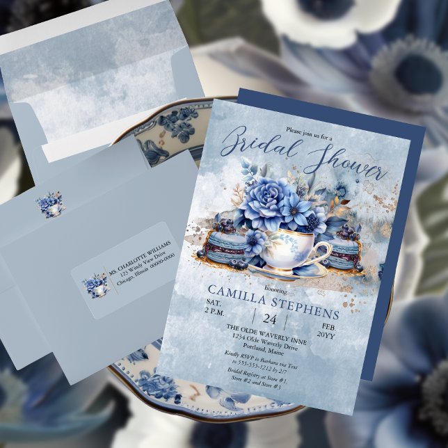 Convite Chá de panela de Teacup Floral de Inverno Elegante (Elegant Victorian Blue Floral Bridal Shower Tea Party Invitation)