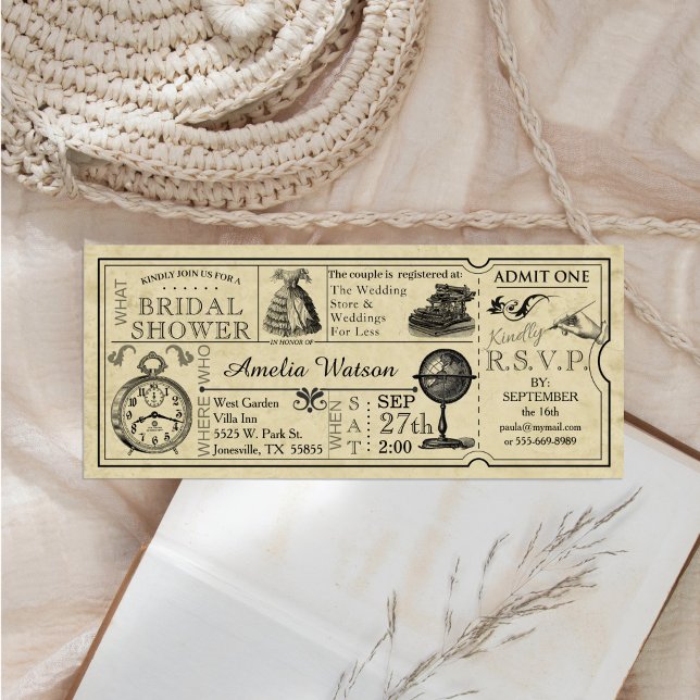 Convite Chá de panela de Tíquete Vintage (Vintage illustrations and typography ticket bridal shower invitation )