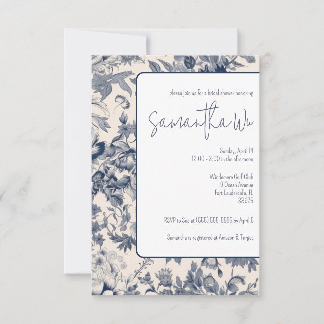 Convite Chá de panela de Toile de Francês Azul e Branco (Frente)