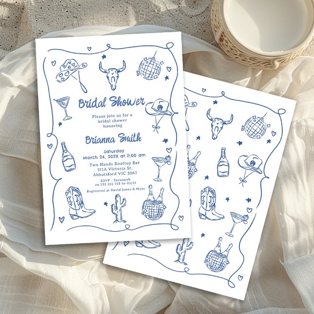 Convite Chá de panela de vaquinha azul brilhante Desenhado (Whimsical Blue Hand Drawn Bridal Shower Invitation, Western Cowgirl Disco Ball Cowgirl Boots)